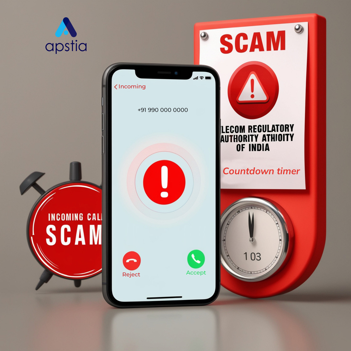 Apstia alert on mobile phone showing a scam call from fake Telecom Regulatory Authority of India.